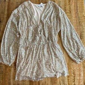 Endless Rose Champagne Sequin Wrap Romper Long Sleeve Party Size L